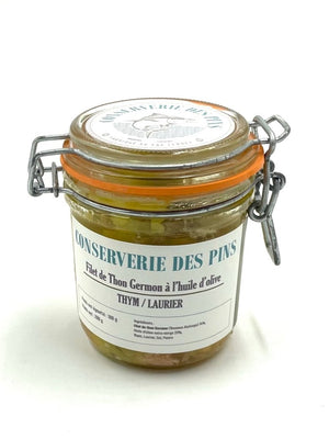 Filets de thon germon à l'huile d'olive, thym et laurier - Conserverie des Pins - enboite.ch