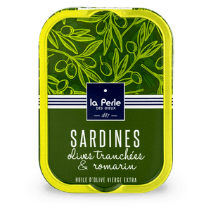 Sardines à l'huile d'olive avec olives tranchées et romarin - La Perle des dieux - enboite.ch