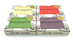 Assortiment d'escargots du Danemark en quatre saveurs - Danske Frilandssnegle - enboite.ch