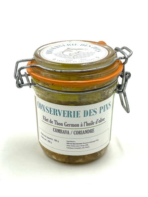 Filets de thon germon à l'huile d'olive, combava et coriandre - Conserverie des Pins - enboite.ch