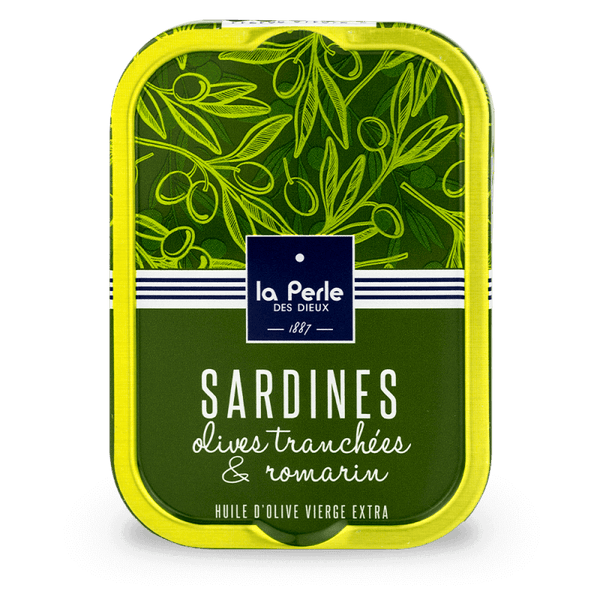 Sardines à l'huile d'olive avec olives tranchées et romarin - La Perle des dieux - enboite.ch