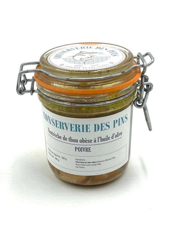 Ventrèche de thon obèse à l'huile d'olive et poivre - Conserverie des Pins - enboite.ch