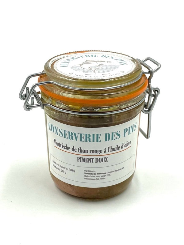 Ventrèche de thon rouge à l'huile d'olive et piment doux - Conserverie des Pins - enboite.ch